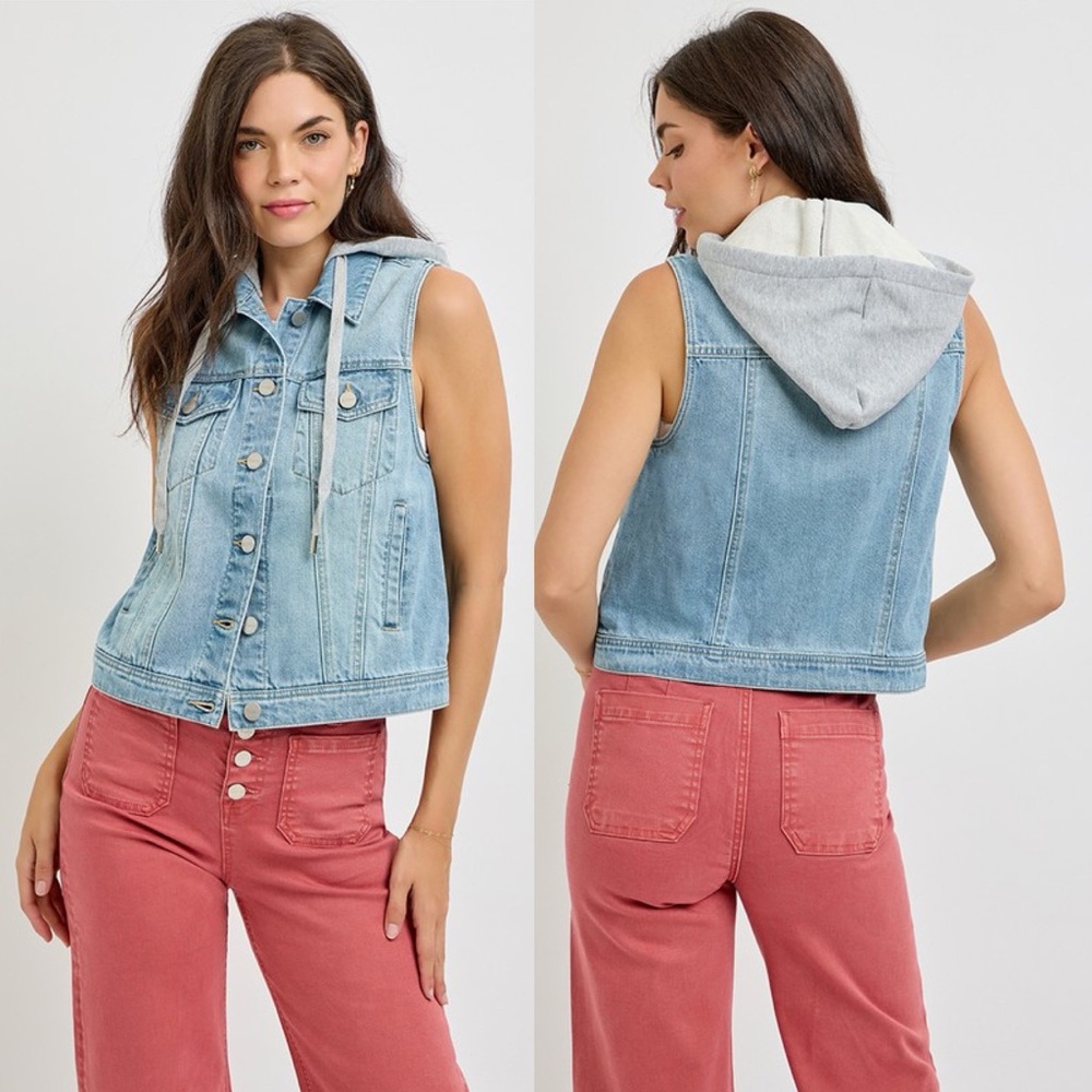 Risen Jeans PLUS SIZE denim mineral wash sleeveless vest coat jacket with hood